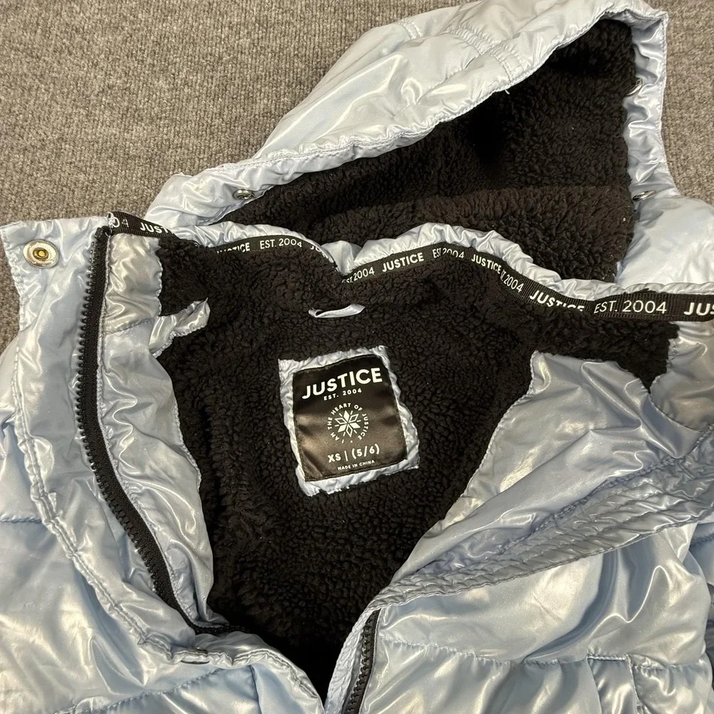 Justice Puffer Jacket Girls XS 5/6 Blue Hooded Sherpa‎ Lined Winter Coat Zip